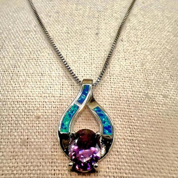 Jewelry - Elegant Purple Amethyst Stone & Blue Opal Pendant Necklace